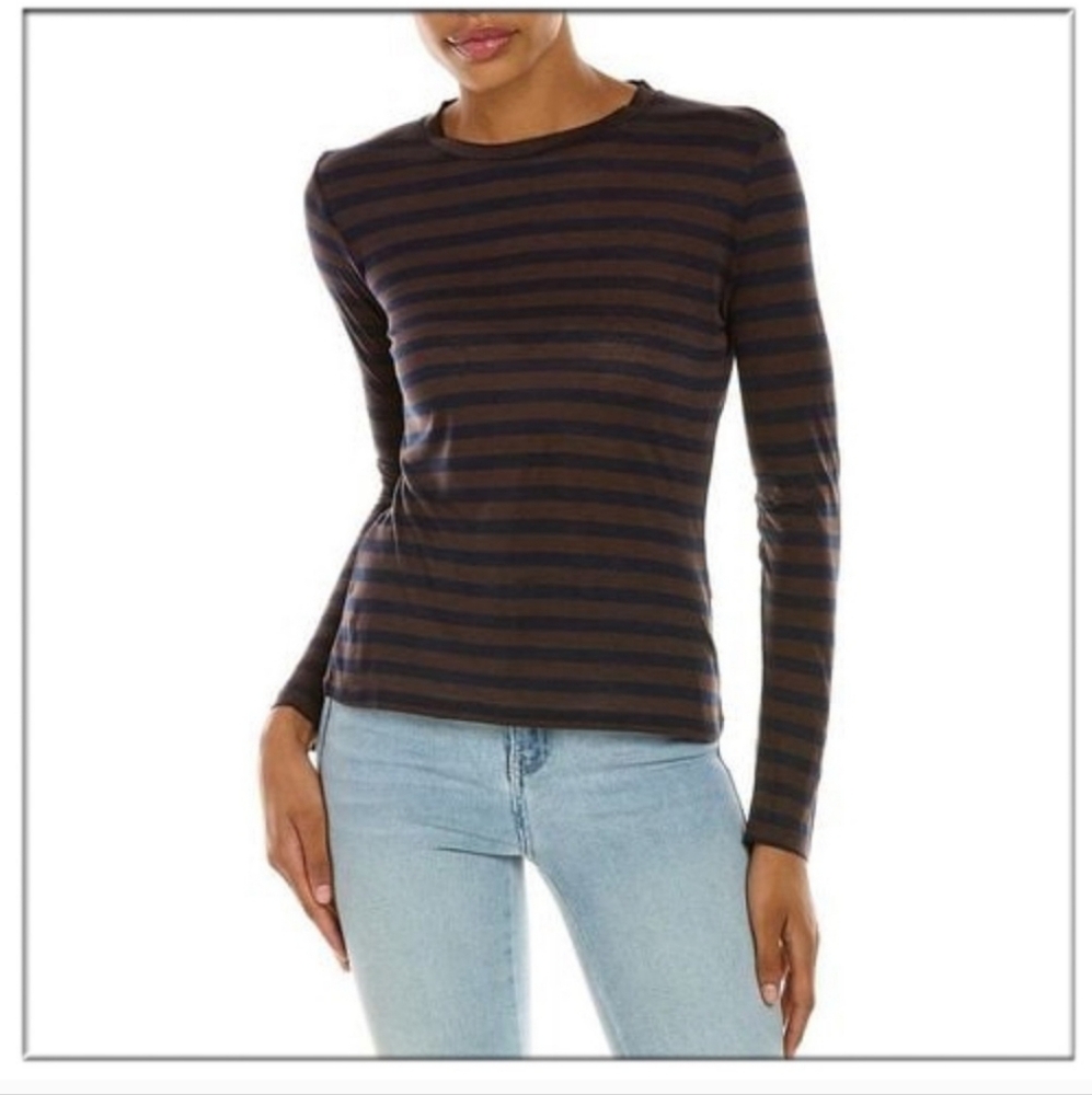 Theory Navy Olive Striped Long Sleeve Tee, Size M